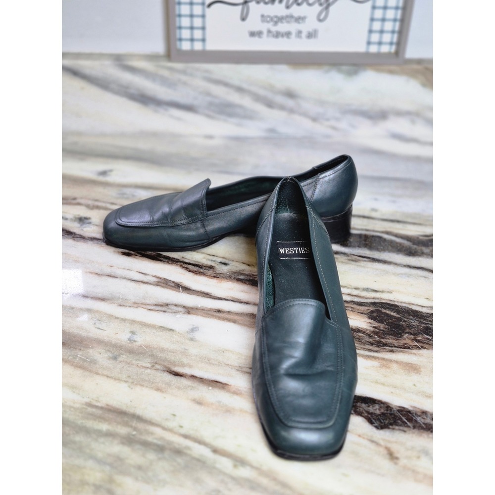 Westies Vintage‎ Teal Green Leather Square Toe Low Block Heel Loafers Womens 10M